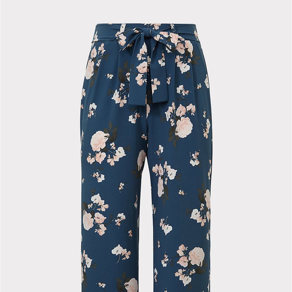 Blue Floral Crepe Tie Front Wide Leg Pant